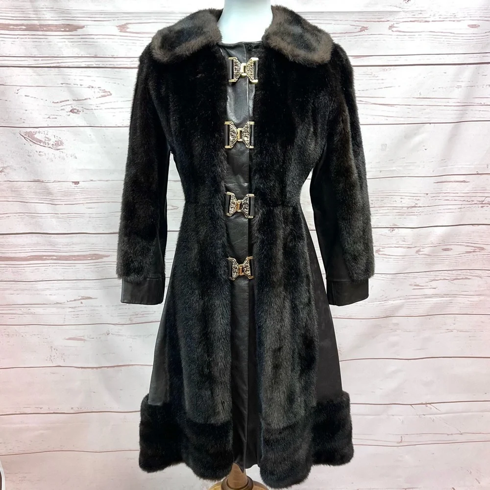 Vintage Russian Princess Leather Faux Fur Corset Penny Lane Coat